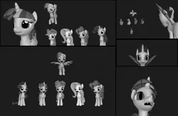 Size: 2312x1512 | Tagged: safe, derpibooru import, applejack, fluttershy, pinkie pie, rainbow dash, rarity, twilight sparkle, twilight sparkle (alicorn), alicorn, bat pony, pony, pony creator, 3d, black background, female, grayscale, mane six, mare, monochrome, ponylumen, simple background, twibat