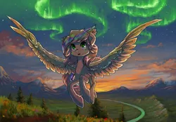 Size: 2007x1394 | Tagged: safe, artist:koviry, derpibooru import, oc, oc:sweet skies, unofficial characters only, pegasus, pony, aurora borealis, cloud, female, flying, grass, mare, mountain, scenery, sky, solo, spread wings, stars, tree, twilight (astronomy), wings