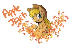 Size: 2600x1500 | Tagged: applejack, artist:woogiegirl, autumn leaves, derpibooru import, digital art, hat, leaves, safe, solo, text