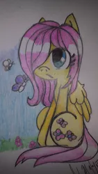 Size: 1024x1820 | Tagged: artist:nerdling18, bee, butterfly, colored pencil drawing, derpibooru import, filly, filly fluttershy, fluttershy, folded wings, hair over one eye, safe, sitting, solo, traditional art, unamused
