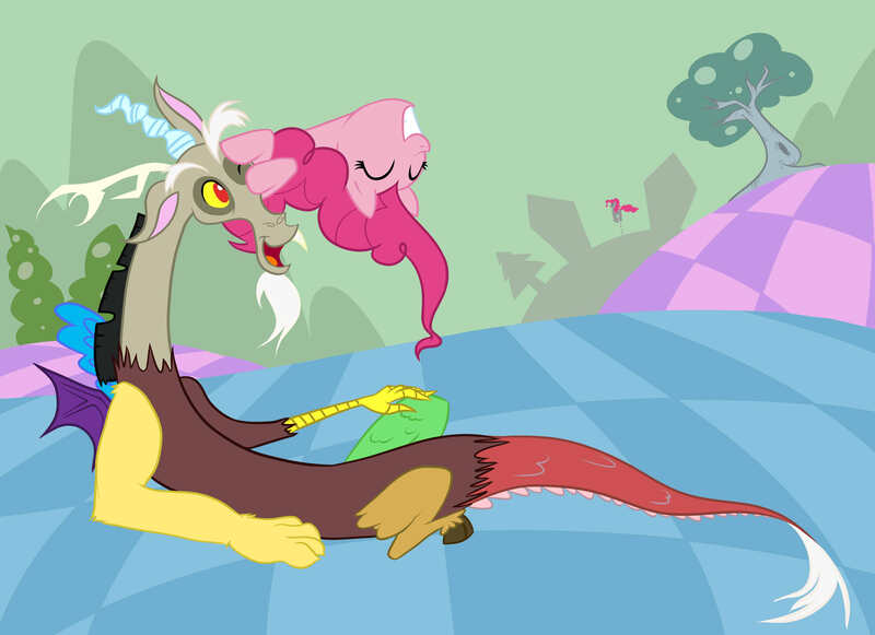 Size: 3509x2550 | Tagged: safe, artist:wrathmo, derpibooru import, discord, pinkie pie, draconequus, earth pony, pony, chaos, discopie, discorded landscape, duo, eyes closed, female, green sky, grin, male, mare, on back, one eye closed, shipping, smiling, straight