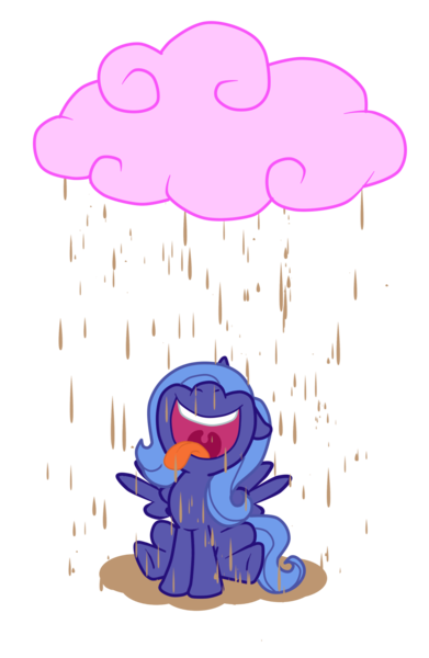 Size: 1102x1693 | Tagged: safe, artist:hendocrinogeno, derpibooru import, princess luna, addiction, chocolate, chocolate addict, chocolate rain, chocoluna, cloud, cotton candy, cotton candy cloud, filly, food, luna loves chocolate, open mouth, rain, sitting, solo, that pony sure does love chocolate, this will end in weight gain, tongue out, woona