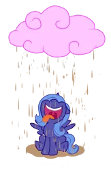 Size: 1102x1693 | Tagged: safe, artist:hendocrinogeno, derpibooru import, princess luna, addiction, chocolate, chocolate addict, chocolate rain, chocoluna, cloud, cotton candy, cotton candy cloud, filly, food, luna loves chocolate, open mouth, rain, sitting, solo, that pony sure does love chocolate, this will end in weight gain, tongue out, woona