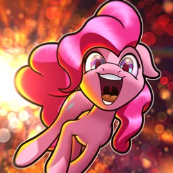 Size: 4096x4096 | Tagged: safe, derpibooru import, pinkie pie, earth pony, pony, absurd resolution, explosion, floppy ears, glow, happy, image, jumping, looking at you, open mouth, png, ponk, smiling, solo