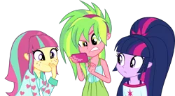 Size: 3680x2034 | Tagged: safe, artist:xebck, derpibooru import, lemon zest, sour sweet, twilight sparkle, equestria girls, friendship games, rainbow rocks, alternate hairstyle, alternate universe, freckles, phone, ponytail, simple background, transparent background, vector