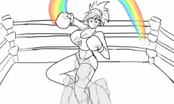Size: 1280x768 | Tagged: abs, artist:jonfreeman, belly button, big breasts, boxing, boxing gloves, boxing ring, breasts, busty rainbow dash, cleavage, derpibooru import, female, human, humanized, little mac (punch out), midriff, nintendo, partial color, punch out, rainbow dash, rainbow punch, safe