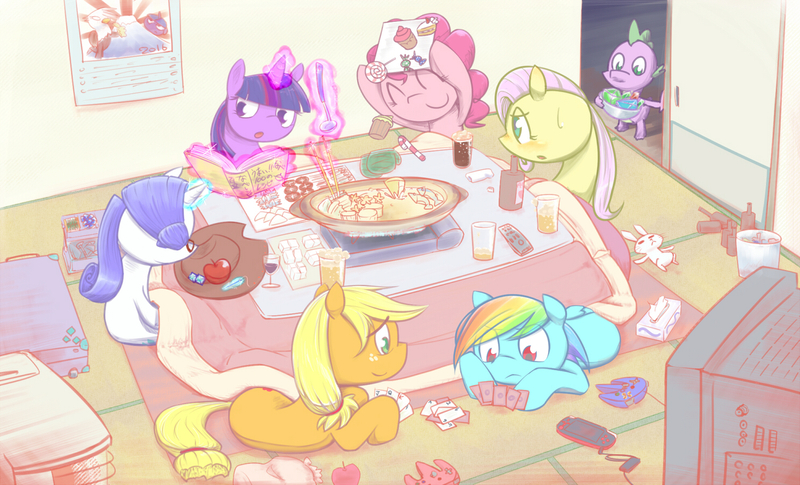 Size: 1485x900 | Tagged: safe, artist:steve, derpibooru import, angel bunny, applejack, fluttershy, gilda, pinkie pie, rainbow dash, rarity, spike, twilight sparkle, gryphon, alcohol, bowl, briefcase, cake, calendar, candy, candy cane, card game, chopsticks, cider, controller, cupcake, drink, food, gem, kotatsu, ladle, lollipop, magic, mane seven, mane six, nabemono, nintendo 64, oven mitts, pixiv, psp, soda, stew, telekinesis, television, twiman, wine