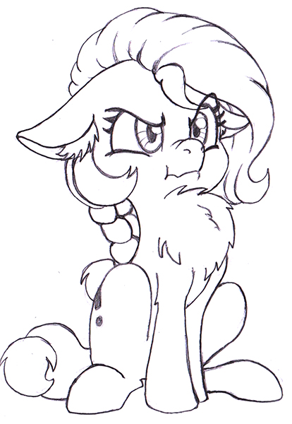 Size: 414x600 | Tagged: safe, artist:traditionaldrawfaglvl1, derpibooru import, oc, oc:anonfilly, unofficial characters only, earth pony, pony, :t, angry, braid, chest fluff, cute, female, filly, floppy ears, glare, monochrome, nose wrinkle, scrunchy face, sitting, solo