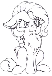 Size: 414x600 | Tagged: safe, artist:traditionaldrawfaglvl1, derpibooru import, oc, oc:anonfilly, unofficial characters only, earth pony, pony, :t, angry, braid, chest fluff, cute, female, filly, floppy ears, glare, monochrome, nose wrinkle, scrunchy face, sitting, solo