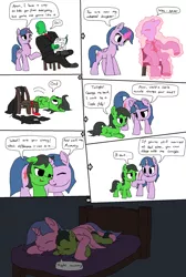 Size: 1420x2116 | Tagged: safe, artist:mspaint, derpibooru import, twilight sparkle, twilight sparkle (alicorn), oc, oc:anon, oc:anonfilly, alicorn, human, pony, adopted, adopted daughter, annoyed, bed, blushing, clothes, comic, cute, dialogue, female, filly, human to pony, magic, mama twilight, mare, necktie, nuzzling, pants, shoes, sleeping, suit, transformation, transgender transformation