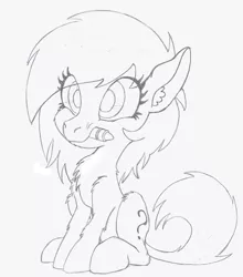 Size: 617x700 | Tagged: safe, artist:traditionaldrawfaglvl1, derpibooru import, oc, oc:anonfilly, unofficial characters only, crayon, cute, ear fluff, female, filly, fluffy, lineart, monochrome, mouth hold, sitting, smiling, solo