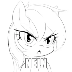 Size: 500x500 | Tagged: artist:randy, black and white, cute, derpibooru import, disapproval, eyebrows, face, german, grayscale, hooves up, monochrome, nein, oc, oc:aryanne, open mouth, reaction image, safe, simple background, sketch, solo, text, unofficial characters only, white background