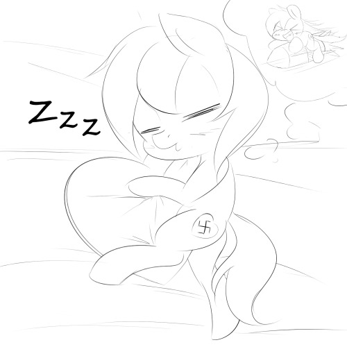 Size: 500x500 | Tagged: artist:randy, black and white, blushing, cute, derpibooru import, dream, duckface, female, filly, grayscale, heart, hearts and hooves day, monochrome, nazi, oc, oc:aryanne, pillow, riding, rocket, safe, simple background, sketch, sleeping, solo, swastika, thought bubble, unofficial characters only, white background