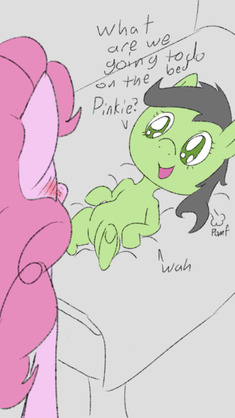 Size: 720x1280 | Tagged: suggestive, artist:happy harvey, derpibooru import, pinkie pie, oc, oc:anon, oc:anonfilly, earth pony, pony, bed, drawn on phone, female, filly, implied foalcon, mare, pomf, reference, what are we gonna do on the bed?