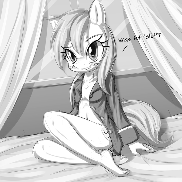 Size: 2000x2000 | Tagged: anthro, artist:randy, bed, belly button, blushing, clothes, curtains, derpibooru import, dialogue, feet, female, german, grayscale, heart, looking at you, monochrome, nazi, oc, oc:aryanne, outline, plantigrade anthro, question, shirt, sitting, slut, smiling, solo, solo female, suggestive, swastika, undressing, uniform, unofficial characters only, window