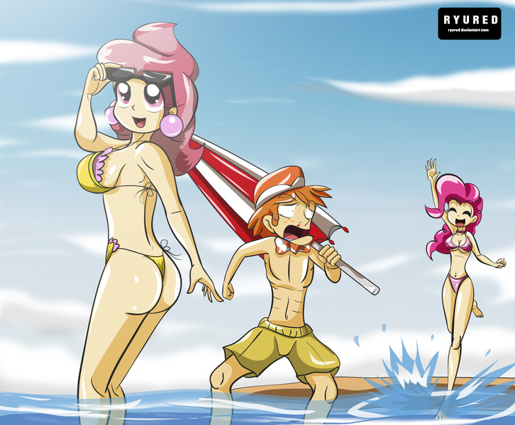 Size: 2571x2126 | Tagged: abs, artist:ryured, ass, beach, belly button, bikini, blood, breasts, busty cup cake, busty pinkie pie, cakepie, carrot cake, carrotpie, clothes, cloud, cup cake, derpibooru import, eyes closed, female, frilled swimsuit, human, humanized, light skin, milf, nosebleed, open mouth, pinkie pie, pink swimsuit, sideboob, suggestive, sunglasses, sunlight, swimsuit, thong swimsuit, topless, trio, umbrella, underboob, water, yellow swimsuit