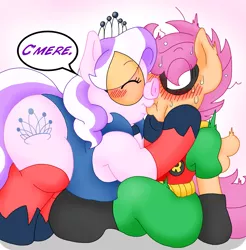 Size: 1727x1757 | Tagged: safe, artist:blackbewhite2k7, derpibooru import, diamond tiara, scootaloo, earth pony, pegasus, pony, batman, blushing, chubby diamond, clothes, commission, costume, crossover, fat, female, kissing, lesbian, pig nose, robin, scootiara, shipping, surprise kiss, the capitalist piglette, wingboner, wip