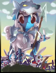 Size: 992x1292 | Tagged: artist:sip, clothes, computer, derpibooru import, guardians of harmony, laptop computer, oc, oc:william, rabbit, safe, sheep, spear, spork, unofficial characters only, war paint, weapon, wolf costume