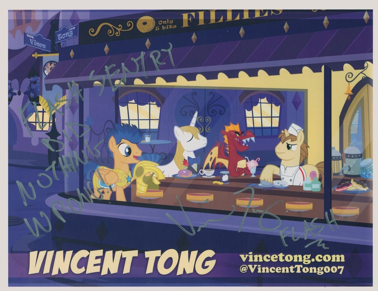 Size: 3267x2521 | Tagged: artist:pixelkitties, autograph, autograph card, derpibooru import, donut joe, dragon, fine art parody, flash sentry, garble, nighthawks, parody, pixelkitties' brilliant autograph media artwork, prince blueblood, safe, vincent tong