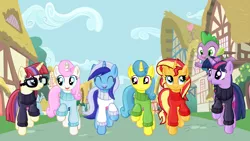 Size: 2528x1421 | Tagged: safe, artist:majkashinoda626, derpibooru import, lemon hearts, minuette, moondancer, spike, sunset shimmer, twilight sparkle, twilight sparkle (alicorn), twinkleshine, alicorn, pony, canterlot six, clothes, counterparts, cute, female, magical quintet, magical trio, mare, ponyville, sweater, twilight's counterparts, walking