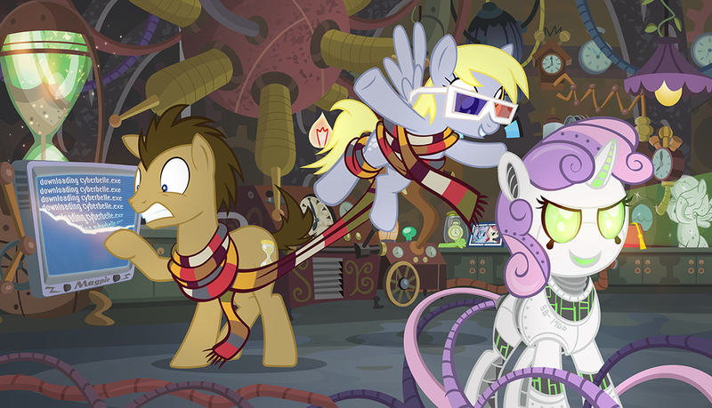 Size: 1024x588 | Tagged: safe, artist:pixelkitties, derpibooru import, derpy hooves, doctor whooves, minuette, roseluck, sweetie belle, time turner, pegasus, pony, robot, 3d glasses, ccg, clothes, cyberbelle, doctor who, enterplay, female, glasses, mare, merchandise, scarf, sweetie bot, tardis, weeping angel