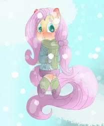 Size: 2500x3000 | Tagged: safe, artist:kimmico1234, derpibooru import, fluttershy, semi-anthro, clothes, jacket, scarf, shoes, snow, snowfall, socks, solo