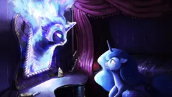 Size: 3840x2160 | Tagged: artist:darthagnan, bed, confrontation, crying, derpibooru import, duality, floppy ears, grin, mirror, nightmare moon, princess luna, safe