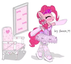Size: 580x522 | Tagged: safe, artist:avchonline, derpibooru import, pinkie pie, pony, ballerina, ballet, ballet slippers, bipedal, blushing, canterlot royal ballet academy, chair, clothes, cute, dancing, dress, evening gloves, frilly dress, frilly pie, gloves, happy, headband, heart, pinkarina, ribbon, solo, tights, tutu
