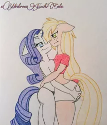 Size: 1646x1911 | Tagged: suggestive, artist:xmistressecchicatx, derpibooru import, applejack, rarity, anthro, applebutt, ass, belly button, boob squish, breasts, butt grab, clothes, female, grope, hand on butt, lesbian, midriff, panties, rarijack, shipping, the ass was fat, topless, traditional art, underwear