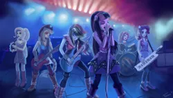 Size: 1778x1000 | Tagged: safe, artist:darkkodkod, derpibooru import, applejack, fluttershy, pinkie pie, rainbow dash, rarity, twilight sparkle, equestria girls, rainbow rocks, bass guitar, concert, drums, guitar, keytar, mane six, musical instrument, ponied up, stage, tambourine, the rainbooms