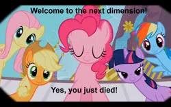 Size: 1440x900 | Tagged: afterlife, applejack, awakening, caption, death, derpibooru import, dimension travel, edit, edited screencap, fluttershy, image macro, implied death, meme, offscreen character, pinkie pie, pov, rainbow dash, safe, screencap, sweet and elite, the equestria after death, twilight sparkle