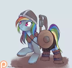 Size: 1600x1500 | Tagged: artist:alasou, axe, cute, derpibooru import, dirty, frown, grime, helmet, looking up, patreon, patreon logo, rainbow dash, raised hoof, safe, shield, solo, viking, weapon