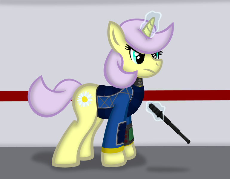 Size: 5351x4167 | Tagged: safe, artist:kl1cker, derpibooru import, oc, oc:daisy, unofficial characters only, pony, unicorn, fallout equestria, fallout equestria: project horizons, absurd resolution, baton, glare, levitation, pipbuck, security, security armor, security officer, solo, standing