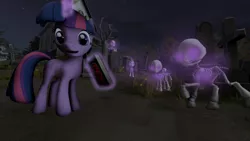 Size: 1280x720 | Tagged: safe, artist:johnsilents, derpibooru import, twilight sparkle, pony, undead, unicorn, book, church, female, gravestone, graveyard, magic, mare, necromancer, necromancy, skeleton