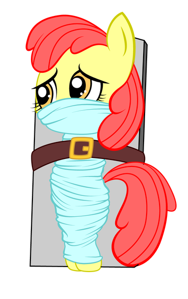 Size: 754x1200 | Tagged: apple bloom, artist:brayburnman, bondage, bondage furniture, cloth gag, derpibooru import, gag, mummification, questionable, sheet, simple background, solo, strap, table, wrapped up