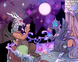 Size: 1280x1014 | Tagged: safe, artist:lawrence alpaca, derpibooru import, discord, princess luna, spoiler:comic, spoiler:friends forever, alcohol, balcony, canterlot castle, female, food, freckles, lunacord, male, moon, night, shipping, stars, straight