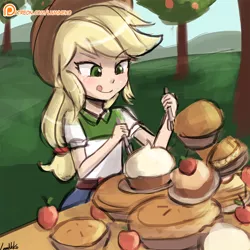 Size: 750x750 | Tagged: safe, artist:lumineko, derpibooru import, applejack, equestria girls, 30 minute art challenge, :p, apple, food, licking, licking lips, patreon, patreon logo, pie, solo, tongue out