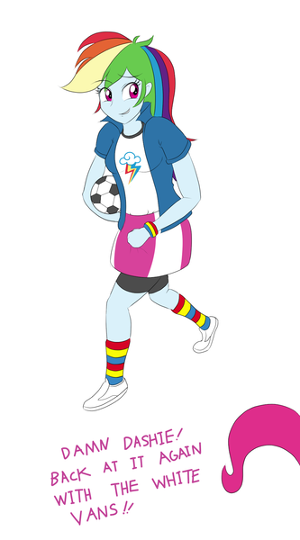 Size: 1000x1800 | Tagged: safe, artist:janji009, derpibooru import, pinkie pie, rainbow dash, equestria girls, damn daniel, football, meme, offscreen character, solo, white vans