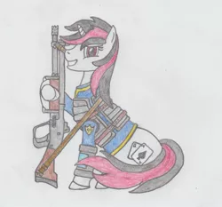 Size: 934x872 | Tagged: safe, artist:agentappleblanket, derpibooru import, oc, oc:blackjack, unofficial characters only, pony, unicorn, fallout equestria, fallout equestria: project horizons, fanfic, clothes, cutie mark, fanfic art, female, gun, hooves, horn, mare, pencil drawing, pipbuck, shotgun, simple background, sitting, smiling, solo, teeth, traditional art, vault suit, weapon