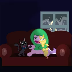 Size: 800x800 | Tagged: anxiety, artist:magerblutooth, blanket, cat, comfort, comforting, couch, derpibooru import, diamond tiara, fear, oc, oc:dazzle, oc:peal, pet, pet oc, rain, safe, scared, storm