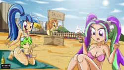 Size: 3780x2126 | Tagged: suggestive, artist:ryured, derpibooru import, adagio dazzle, aria blaze, sonata dusk, spike, equestria girls, background human, beach, bikini, boobhat, breasts, busty adagio dazzle, busty aria blaze, busty sonata dusk, city, cleavage, clothes, female, food, human coloration, human spike, ice cream, male, shipping, sleeveless, spinata, straight, sunscreen, swimsuit, taco, the dazzlings