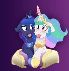 Size: 925x957 | Tagged: safe, artist:caroo, derpibooru import, princess celestia, princess luna, pony, blushing, clothes, collar, cute, cutelestia, horn sleeve, lunabetes, sillestia, silly, silly pony, slippers, tongue out