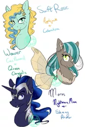 Size: 730x1095 | Tagged: safe, artist:farewelldecency, deleted from derpibooru, derpibooru import, oc, unofficial characters only, changepony, hybrid, pony, unicorn, bust, crack shipping, ethereal mane, interspecies offspring, magical lesbian spawn, moth wings, offspring, parent:applejack, parent:coco pommel, parent:coloratura, parent:nightmare moon, parent:queen chrysalis, parent:shining armor, parents:rarajack, parents:shining moon, portrait, starry mane