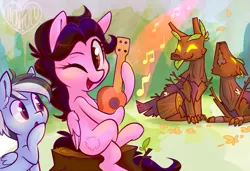 Size: 1023x700 | Tagged: safe, artist:meekcheep, derpibooru import, oc, oc:amy keating rogers, oc:sharp focus, unofficial characters only, pegasus, pony, timber wolf, :o, amy keating rogers, crossed legs, cute, guitar, happy, howling, music notes, sitting, tree stump, wink