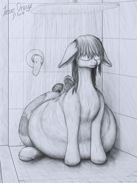 Size: 900x1200 | Tagged: questionable, artist:jesseorange, derpibooru import, oc, oc:jesse orange, unofficial characters only, pegasus, pony, ass, bath, belly, bhm, detailed, fat, floppy ears, huge butt, impossibly large belly, impossibly large butt, large butt, male, obese, relaxing, shower, sketch, stallion