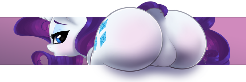 Size: 7744x2600 | Tagged: absurd resolution, artist:kinkypinkie, ass, bent over, derpibooru import, featureless crotch, female, fourth wall, looking at you, looking back, nudity, o-face, questionable, rarity, rearity, solo, solo female, the ass was fat