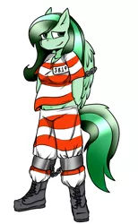 Size: 800x1300 | Tagged: anthro, artist:fu-do, belly button, boots, bound wings, clothes, cuffs, derpibooru import, female, oc, oc:eden shallowleaf, prisoner, prison outfit, prison stripes, simple background, solo, solo female, stripes, suggestive, unofficial characters only, white background