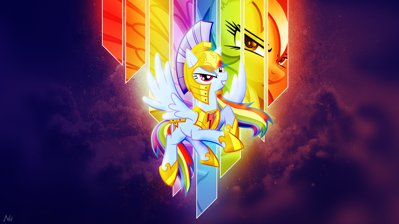 Size: 1920x1080 | Tagged: armor, artist:antylavx, artist:jennieoo, artist:ratchethun, cloud, derpibooru import, edit, element of loyalty, flying, helmet, rainbow dash, royal guard, safe, solo, stars, wallpaper, wallpaper edit