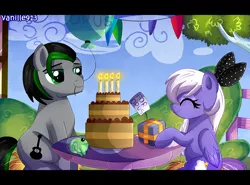 Size: 1600x1181 | Tagged: safe, artist:spookyle, derpibooru import, oc, oc:night star, oc:opus magnum, unofficial characters only, earth pony, pegasus, pony, birthday, birthday cake, cake, food, present