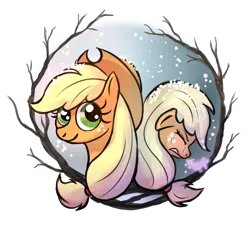 Size: 1000x900 | Tagged: safe, artist:kallarmo, derpibooru import, applejack, earth pony, pony, crying, crying inside, duality, female, happy, hatless, mare, missing accessory, sad, snow, snowfall, solo